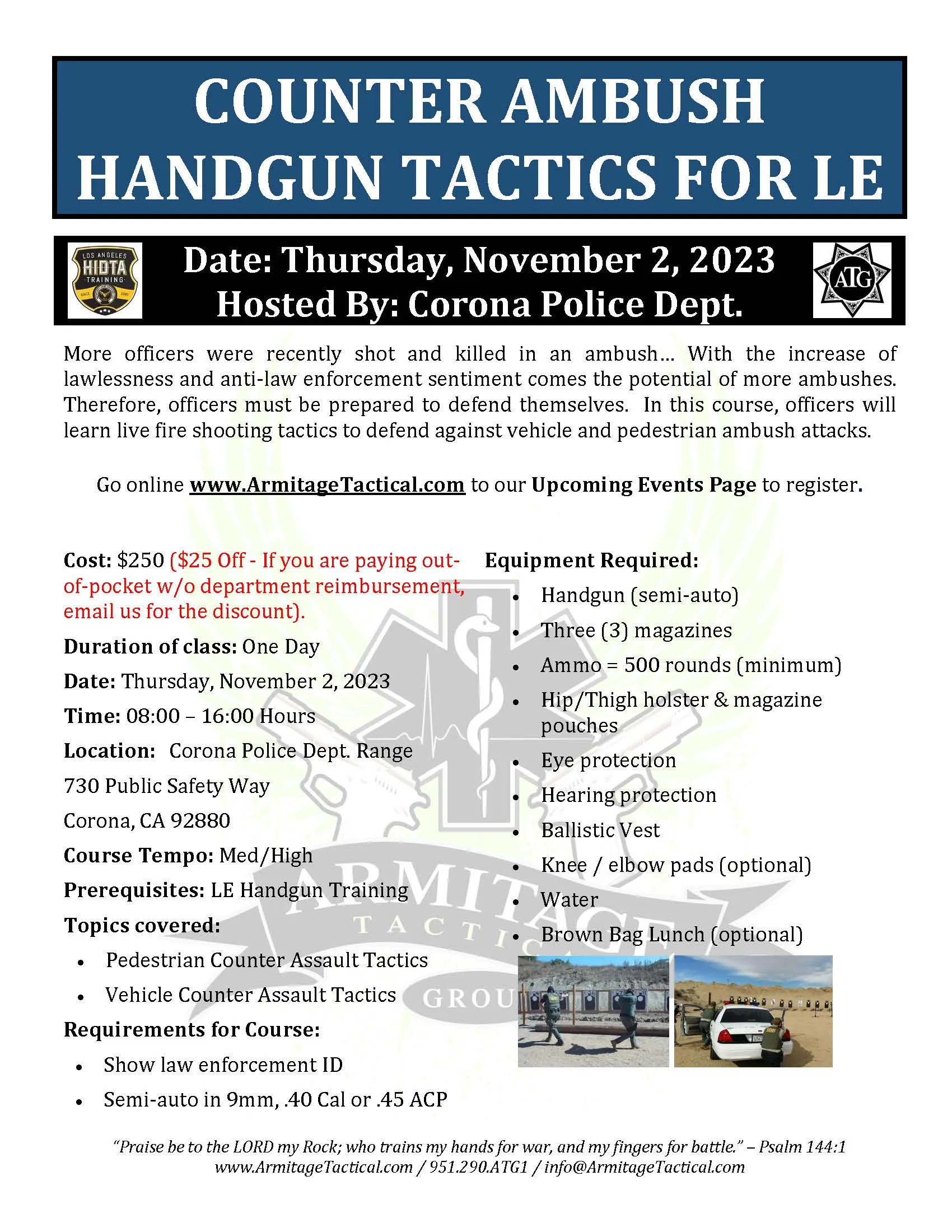 2023/11/02 - Counter Ambush Handgun Tactics for LE/Mil - Corona, CA