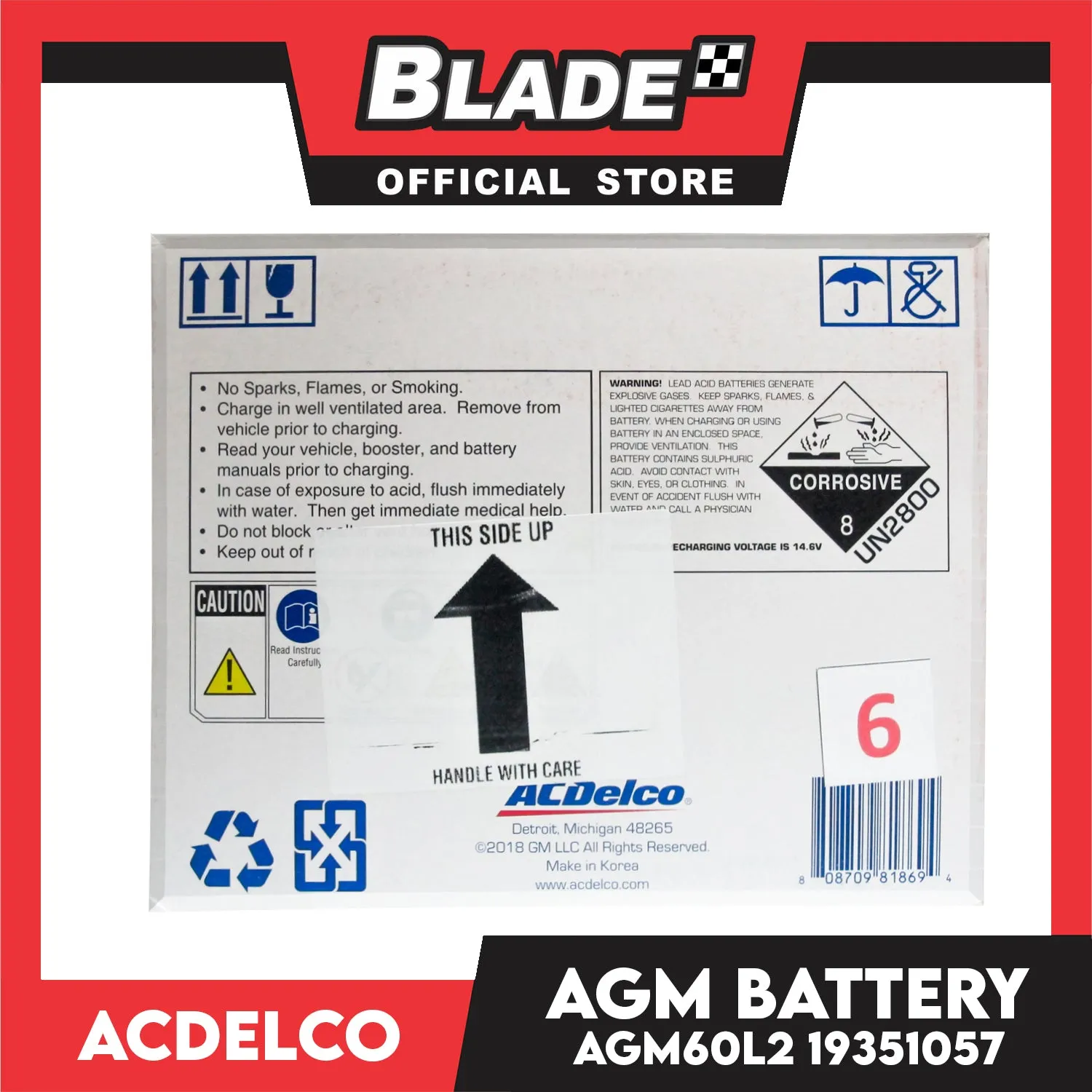 ACDelco Professional AGM Sealed Maintenance Free Premium AGM Battery AGM60L2 19351057 / DIN55H