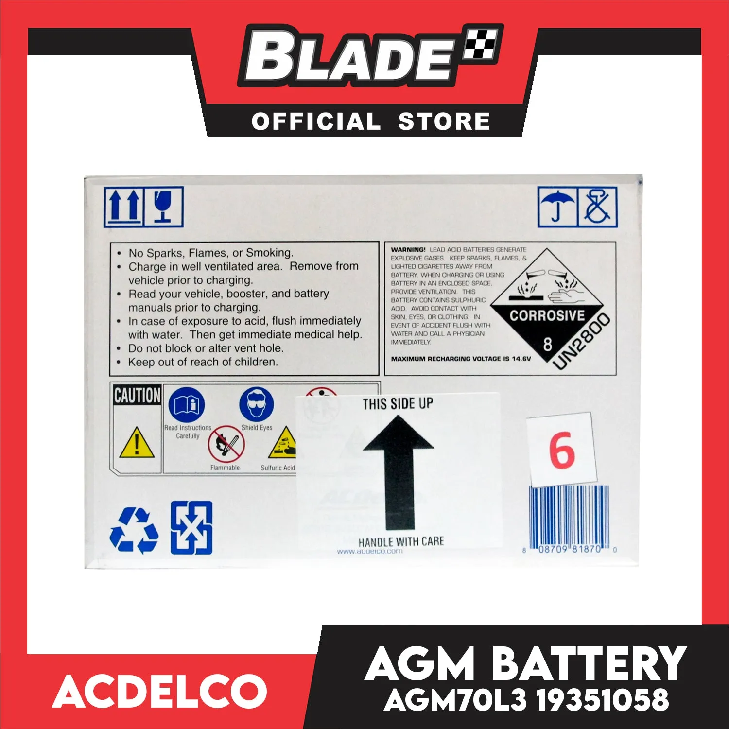 ACDelco Professional AGM Sealed Maintenance Free Premium AGM Battery AGM70L3 19351058