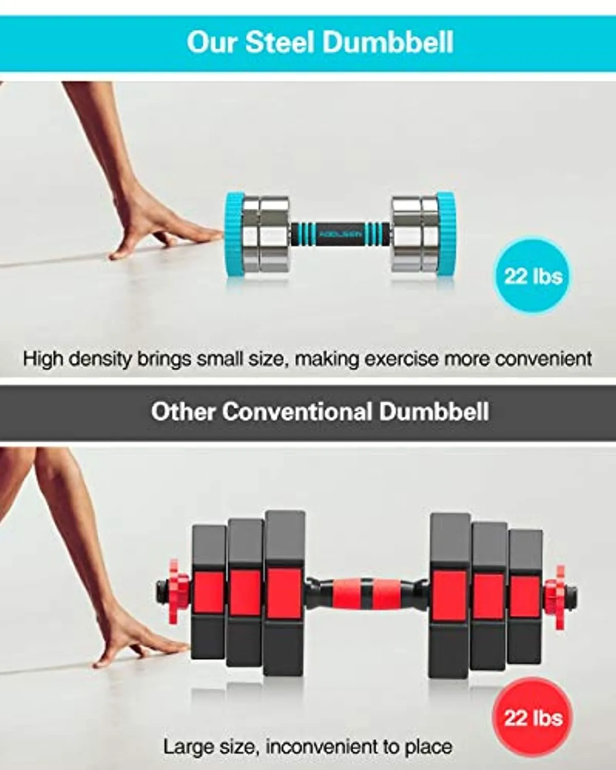 Adjustable Dumbbell Set, 44lbs 20kg Solid Steel Ultra Compact Adjustable Dumbbells for Men Women with Anti-Slip Handle, Home Fitness Weight Pair Gym Workout Exercise Training