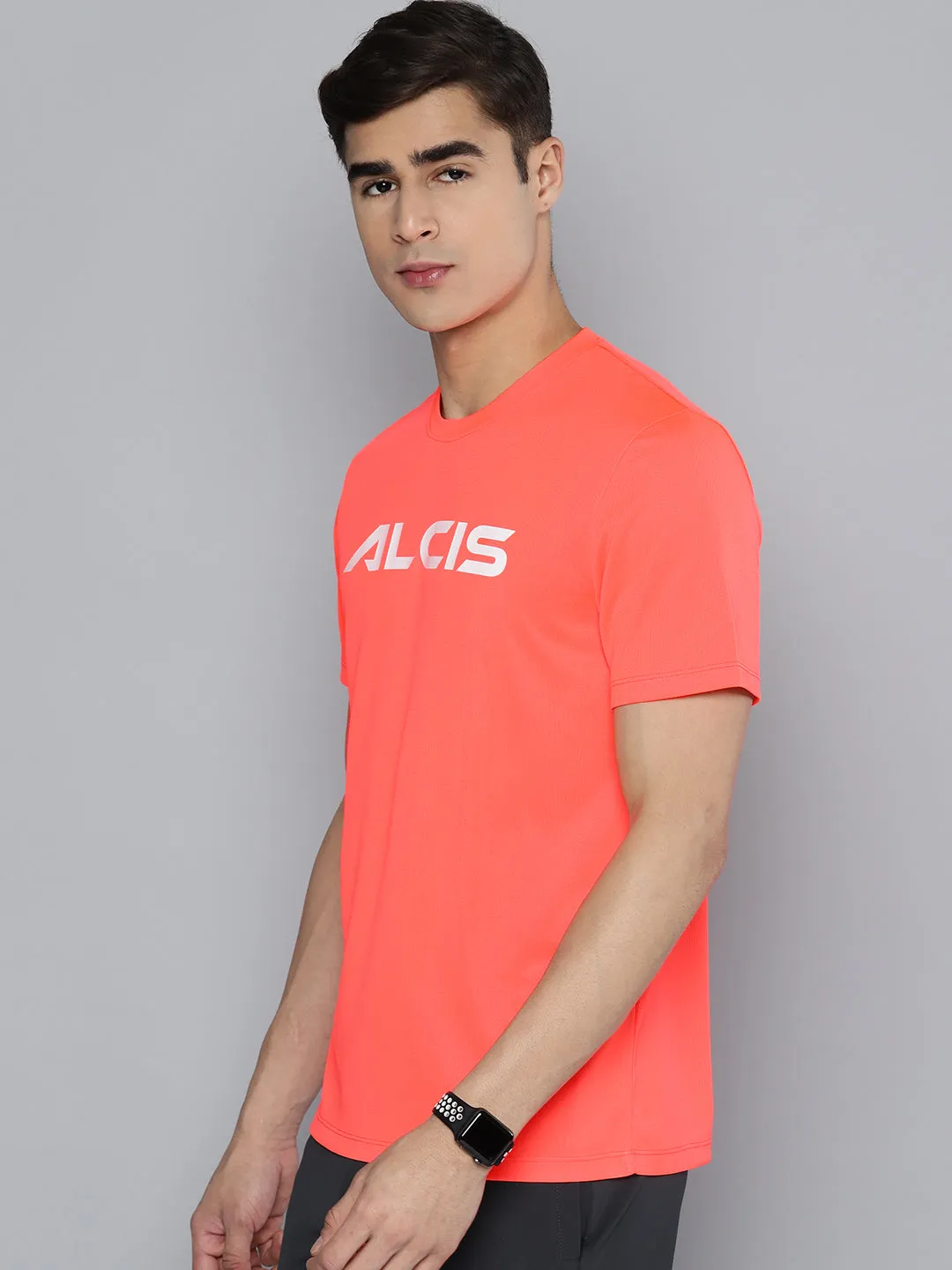 Alcis Men Coral Orange Brand Logo Printed Dry Tech T-shirt