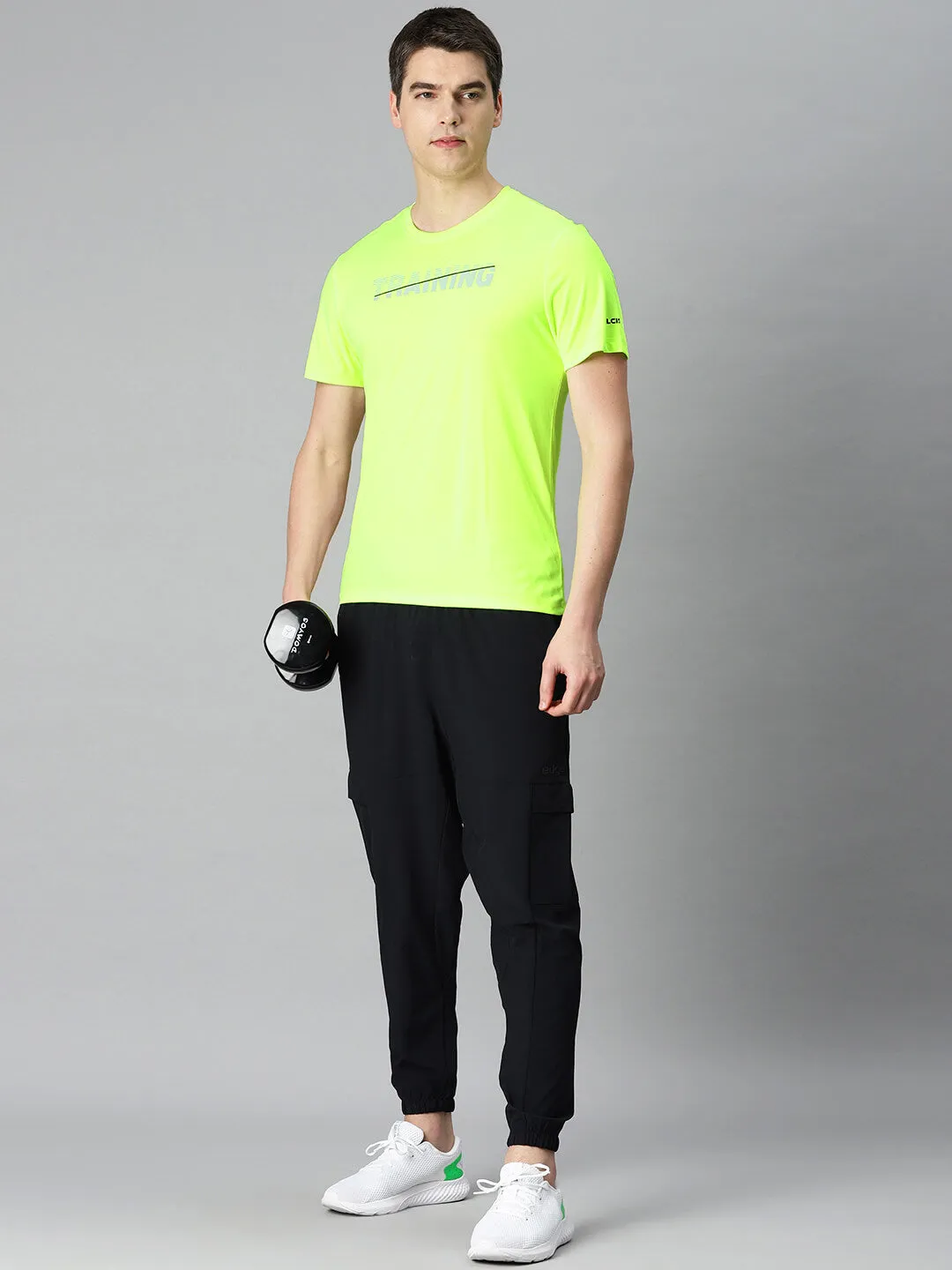 Alcis Men Fluorescent Green Typography Printed Anti Static Slim Fit Sports T-shirt