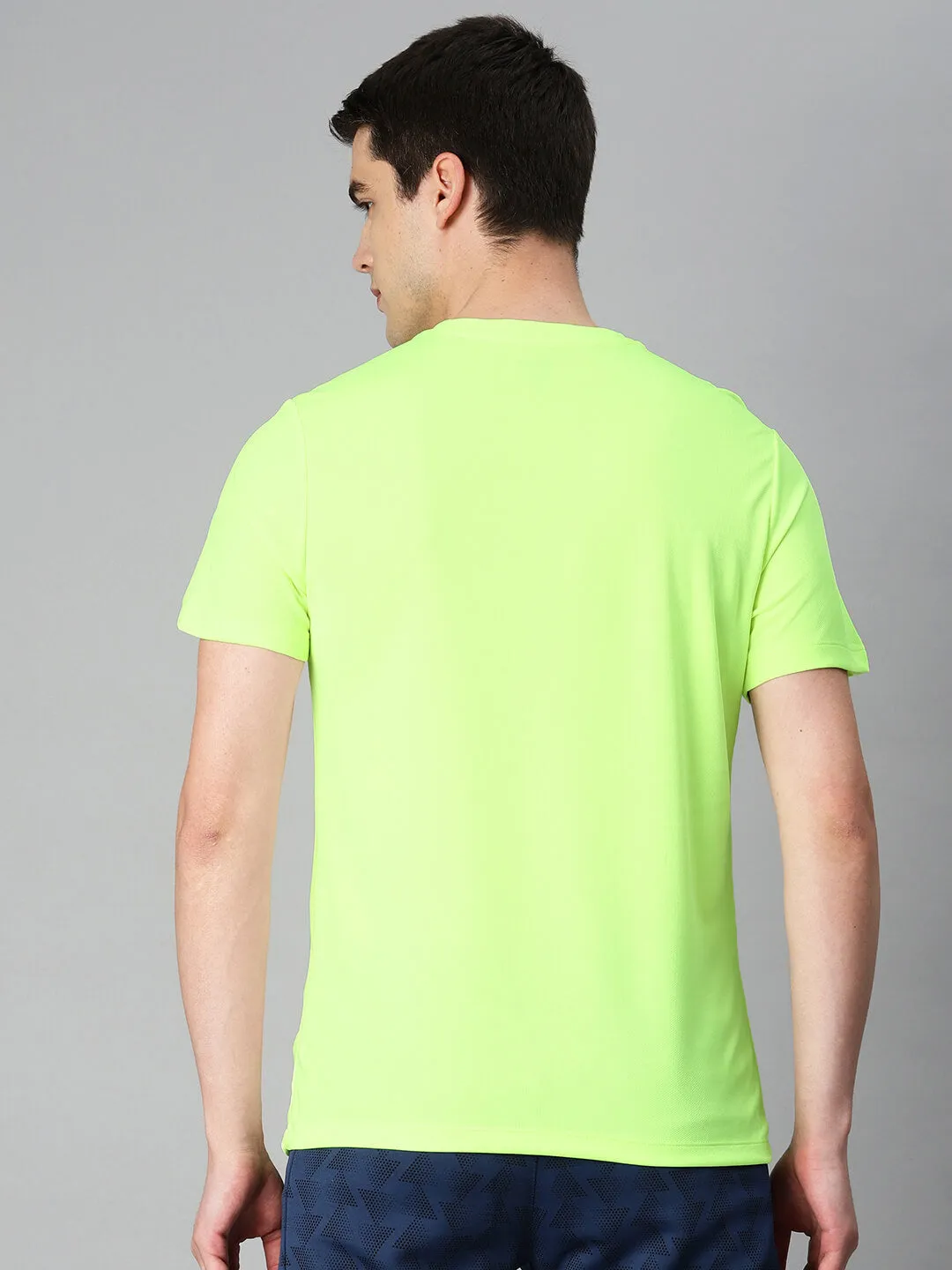 Alcis Men Fluorescent Green Typography Printed Anti Static Slim Fit Sports T-shirt