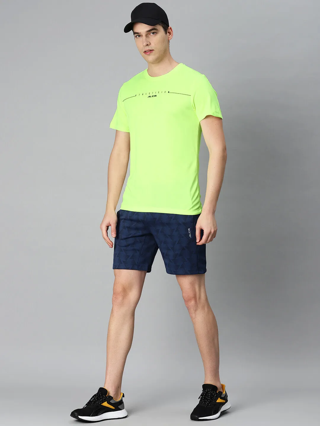 Alcis Men Fluorescent Green Typography Printed Anti Static Slim Fit Sports T-shirt