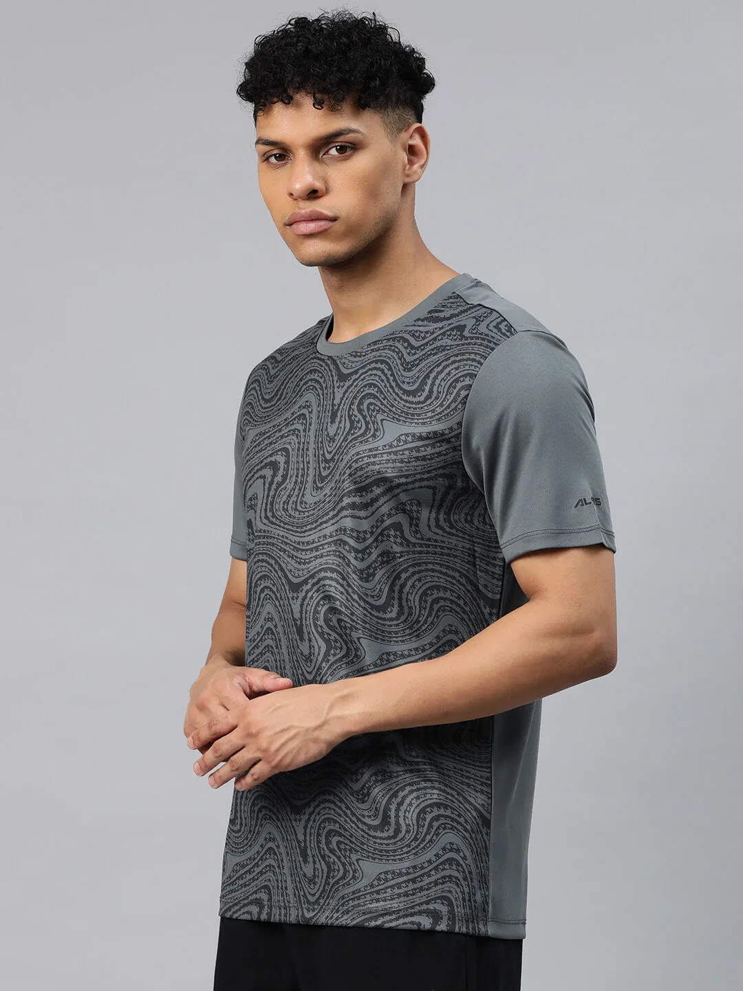 Alcis Men Grey Printed Dry Tech Slim Fit T-shirt