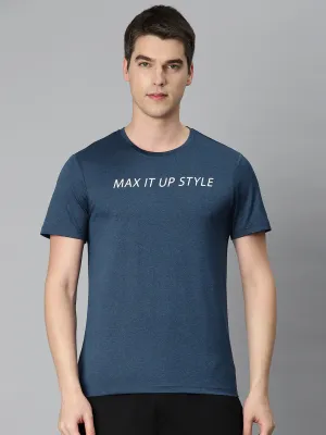 Alcis Men Navy Blue Typography Printed Anti Static Slim Fit Sports T-shirt