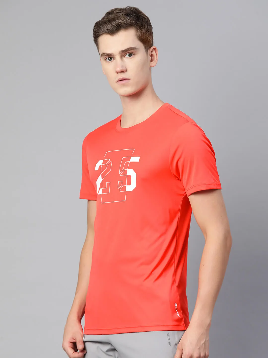 Alcis Men Orange Typography Printed Dry Tech Slim Fit T-shirt
