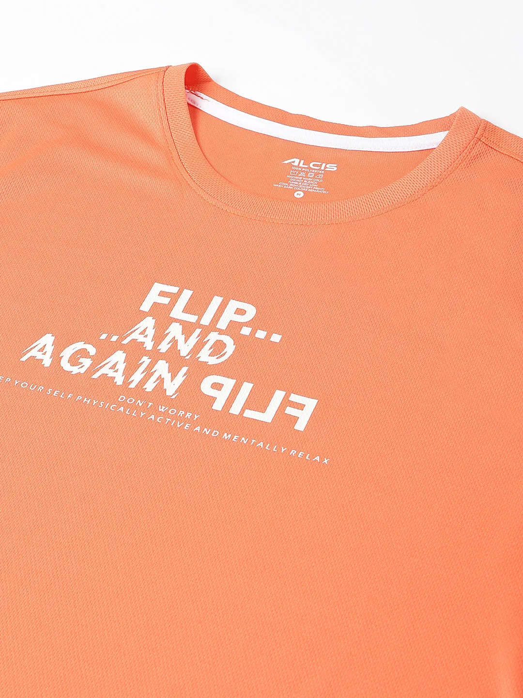 Alcis Men Printed Orange Anti-Static Slim-Fit Round Neck Training T-Shirt