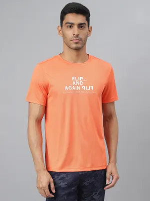 Alcis Men Printed Orange Anti-Static Slim-Fit Round Neck Training T-Shirt