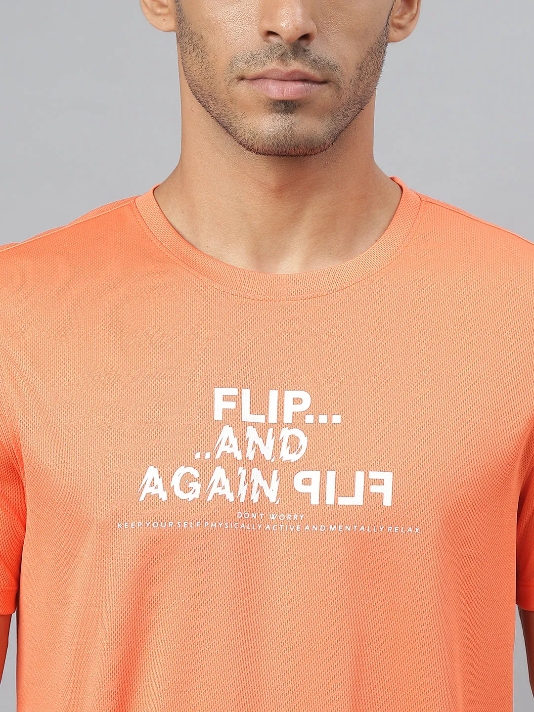 Alcis Men Printed Orange Anti-Static Slim-Fit Round Neck Training T-Shirt
