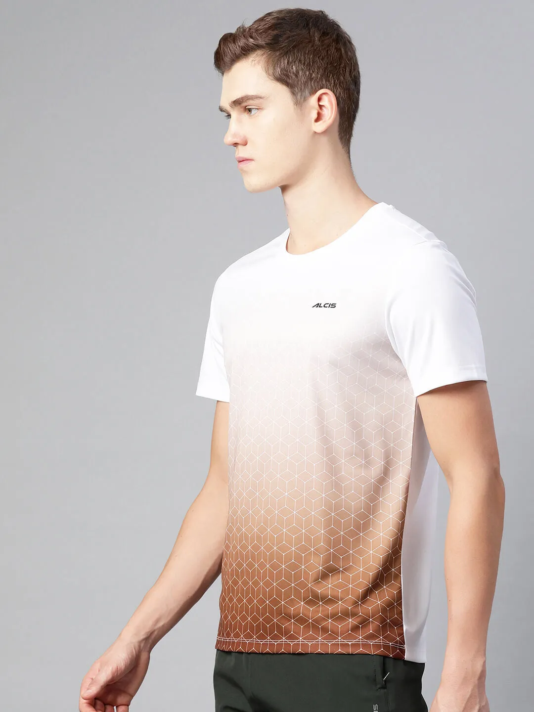 Alcis Men White Abstract Printed Dry Tech Slim Fit T-shirt