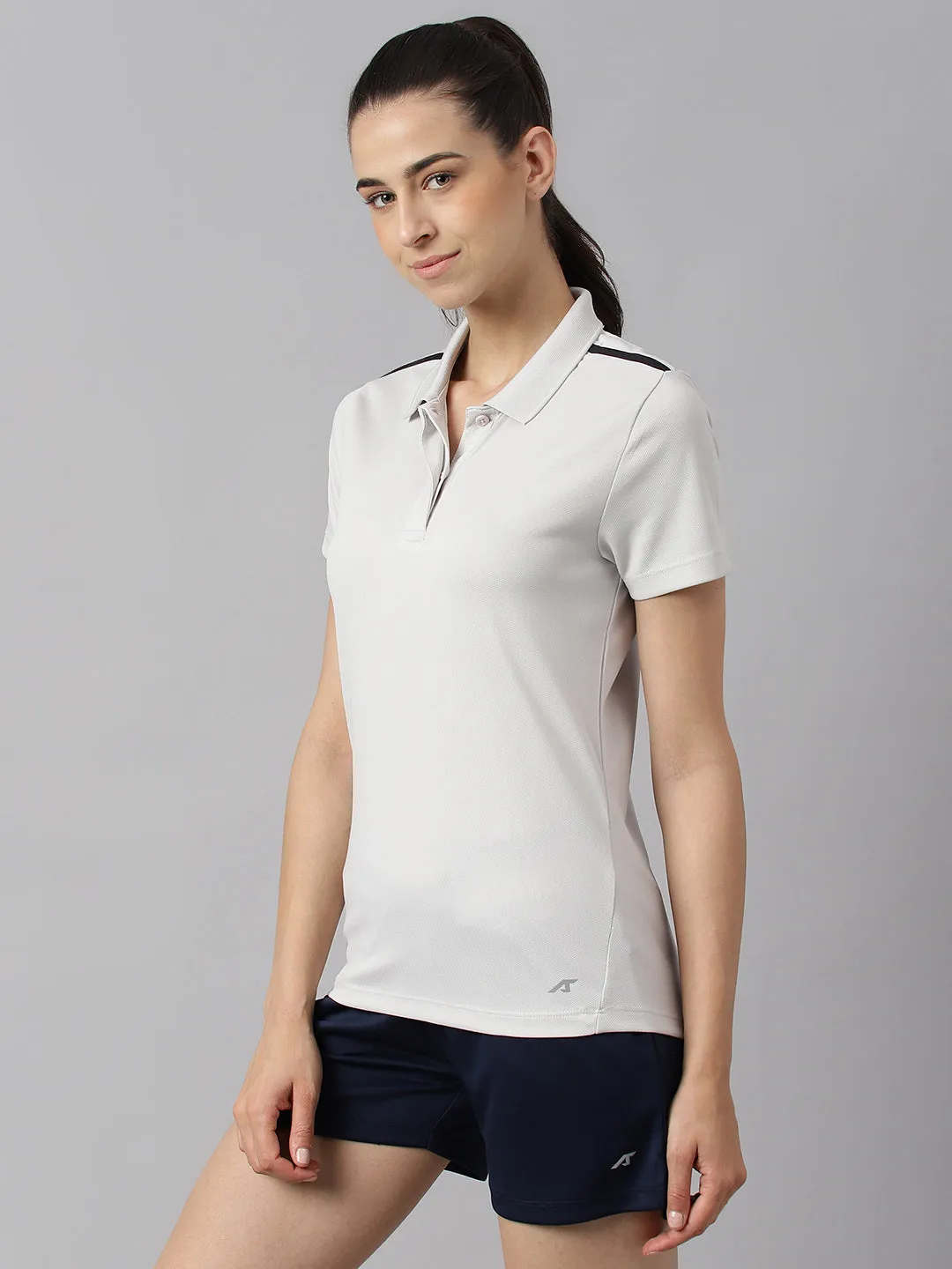 Alcis Women Light Grey Anti-Static Soft-Touch Slim-Fit Training Polo Wonder T-Shirt