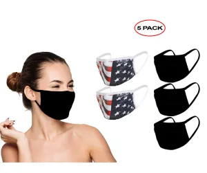 Amba7 Reusable Breathable Cloth Face Mask - Machine Washable, Non-Surgical Double Layer Anti-Dust Protection, Unisex - For Home, Office, Travel, Camping or Cycling (3 Black   2 USA Flag Design) In Stock