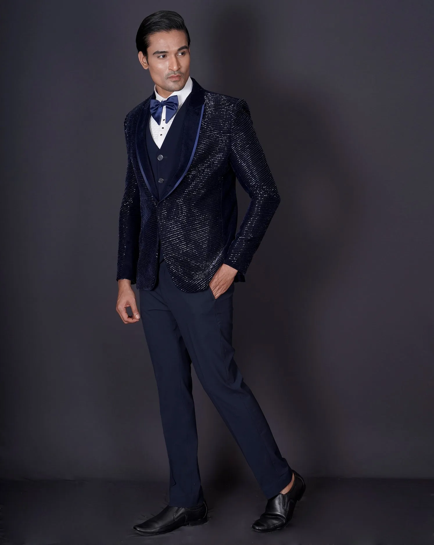 Blue Embroidered Tuxedo Set