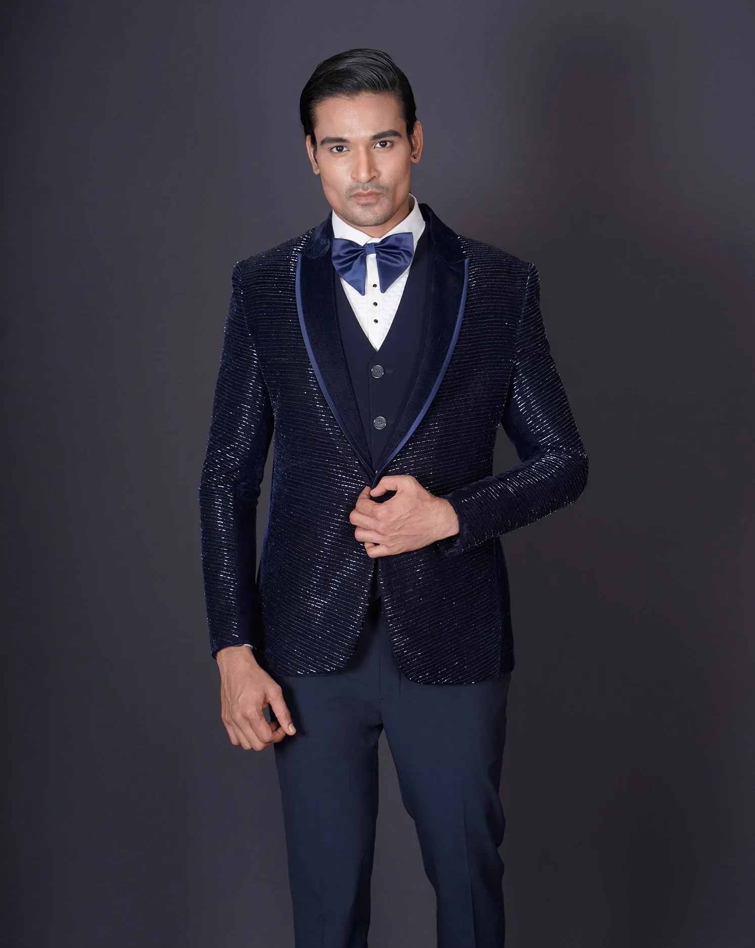 Blue Embroidered Tuxedo Set