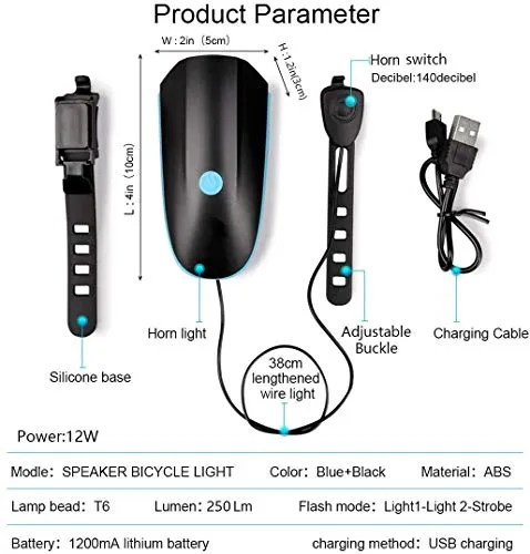 Bulfyss Combo of USB Rechargeable Bike Front Horn and Light 120 DB with Super Bright 250 Lumen Light and Raypal Dual LED Bicycle Rear Tail Light
