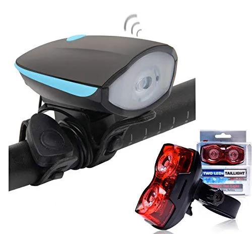 Bulfyss Combo of USB Rechargeable Bike Front Horn and Light 120 DB with Super Bright 250 Lumen Light and Raypal Dual LED Bicycle Rear Tail Light