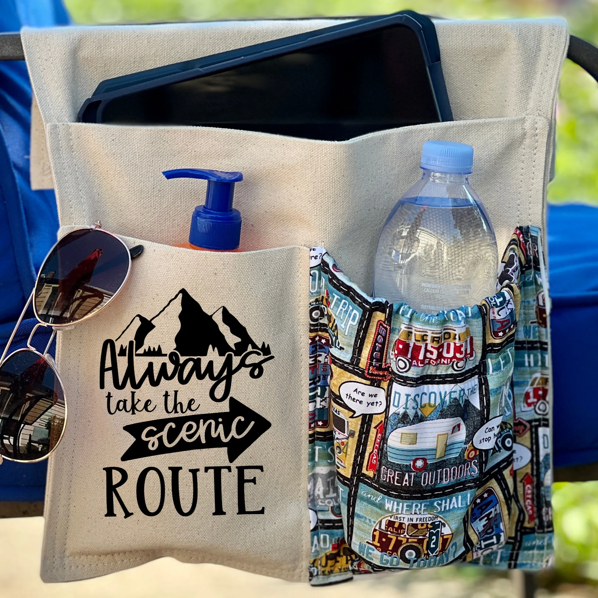 Camping Chair Caddy for your Camp Chair, Lounge Chair, Beach Chair, Always Take the Scenic Route