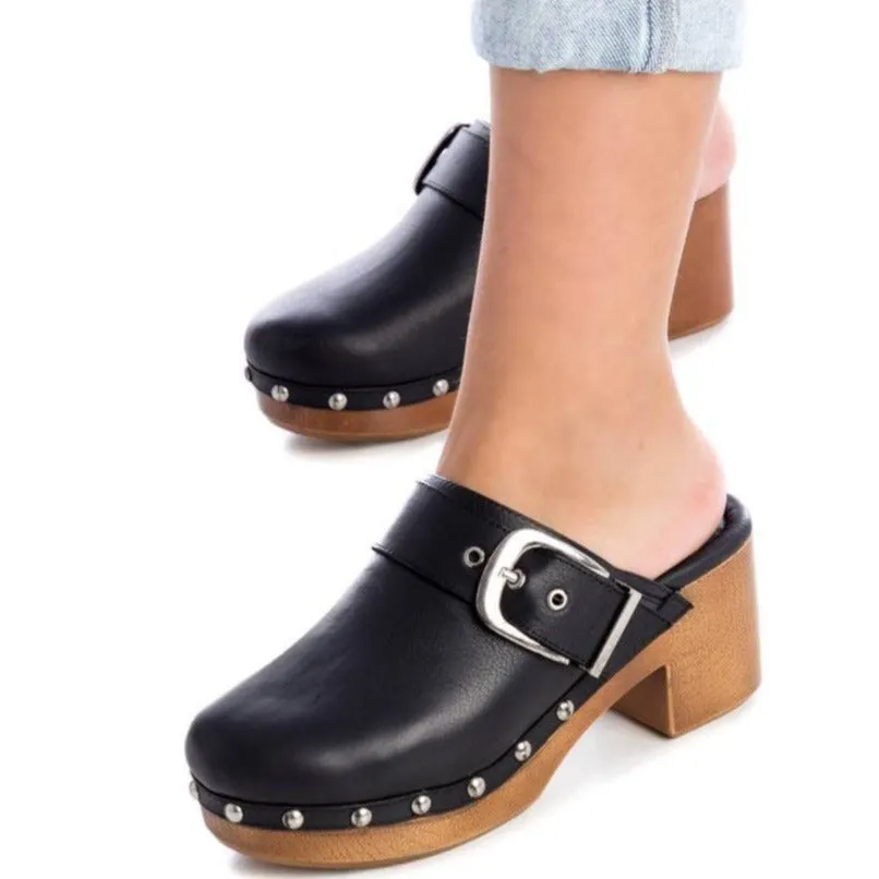 Carmela Black Leather Slip On Clogs
