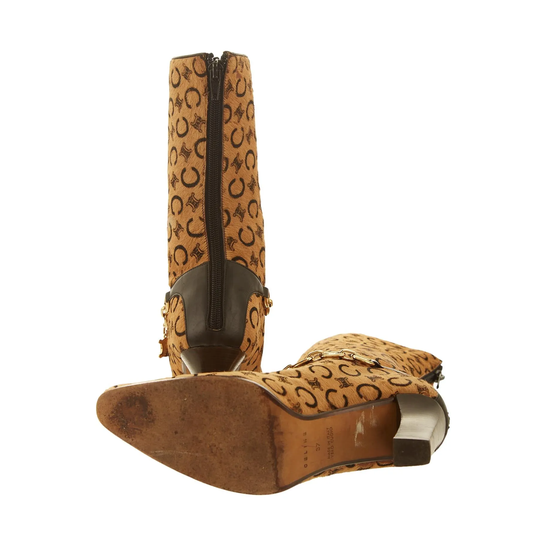 Celine Brown Logo Calf Hair Ankle Boots
