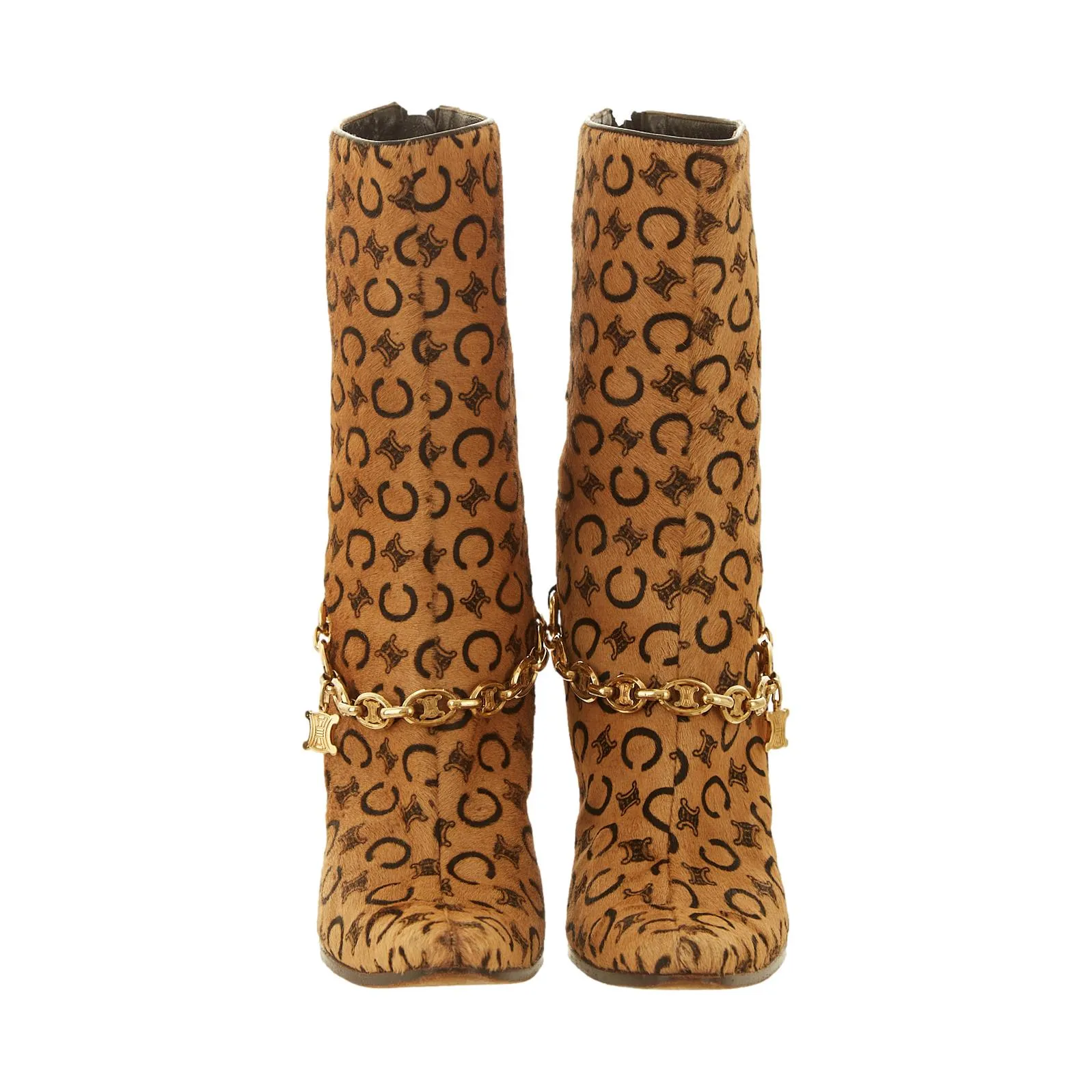 Celine Brown Logo Calf Hair Ankle Boots