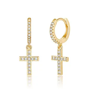 CZ Cross 14K Gold Plated Hoop Earrings