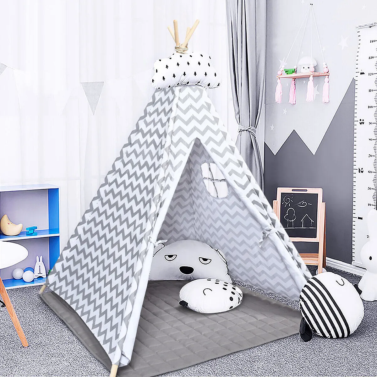 Eco-friendly Kids Indian Teepee Tent | Floor Mat | Playhouse | Cotton | White & Grey