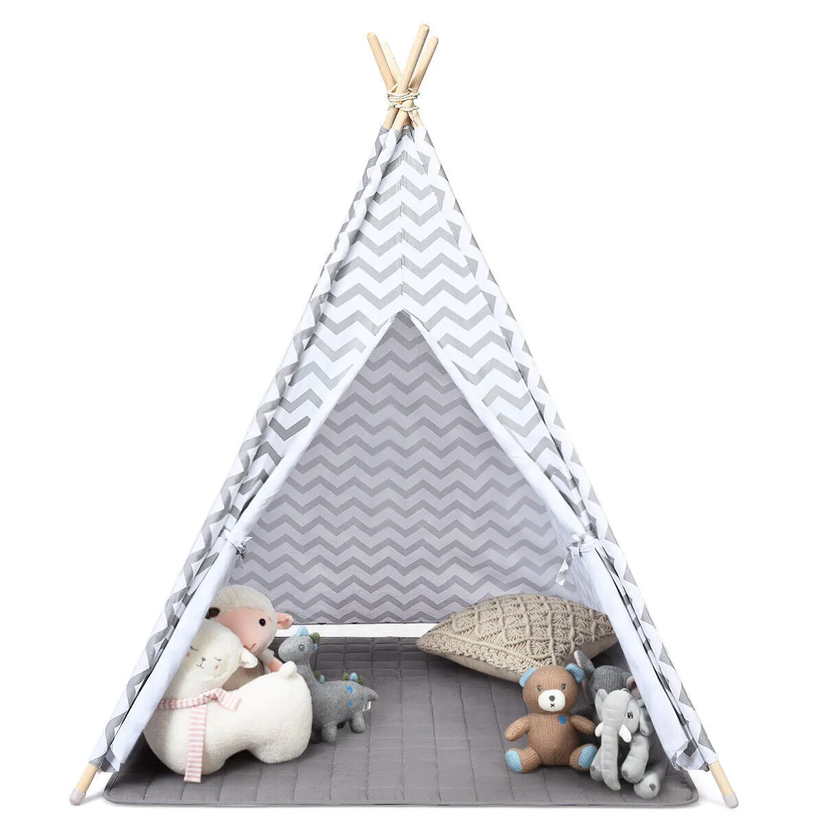 Eco-friendly Kids Indian Teepee Tent | Floor Mat | Playhouse | Cotton | White & Grey
