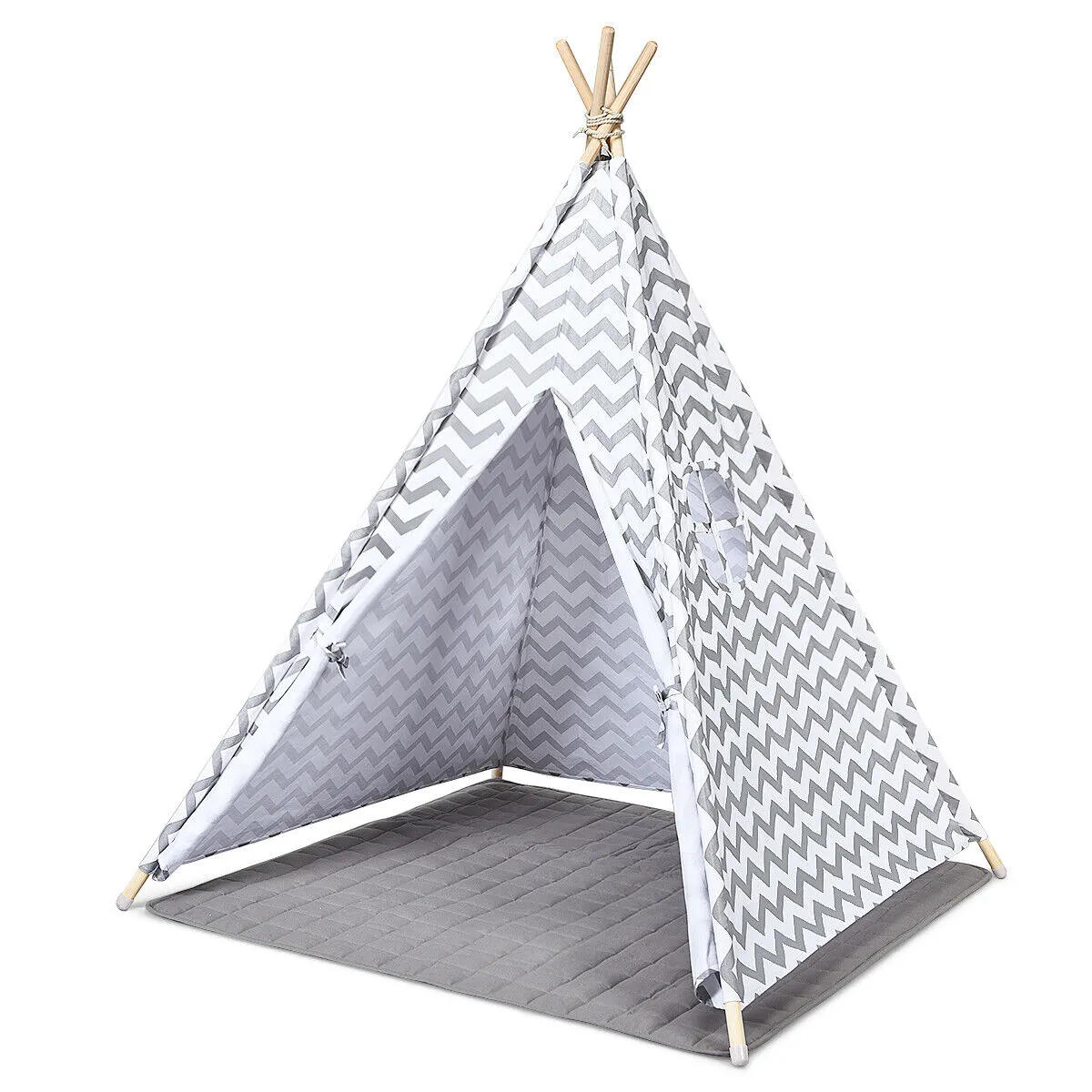 Eco-friendly Kids Indian Teepee Tent | Floor Mat | Playhouse | Cotton | White & Grey