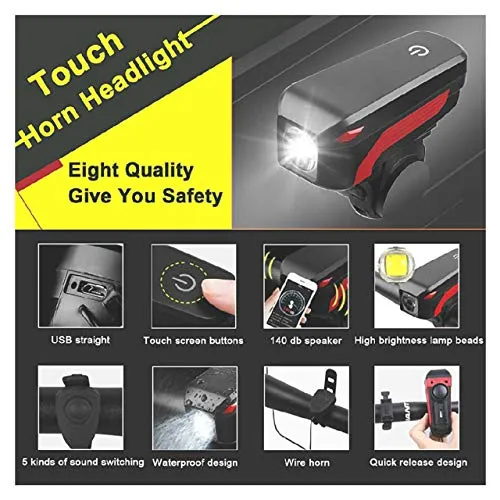 FASTPED 350LM 3 Modes Standard USB Charging 2000mAh Battery Bike Light with 120db Horn Single Item (Multicolor)