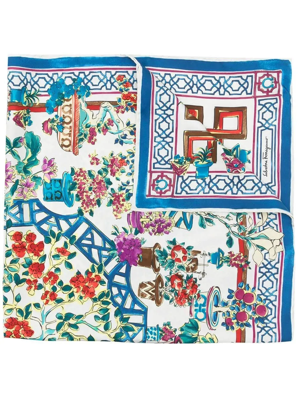 Ferragamo Bonsai Print Silk Square Foulard Blue