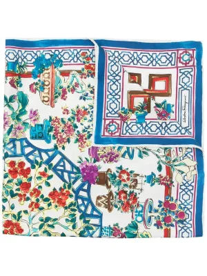 Ferragamo Bonsai Print Silk Square Foulard Blue