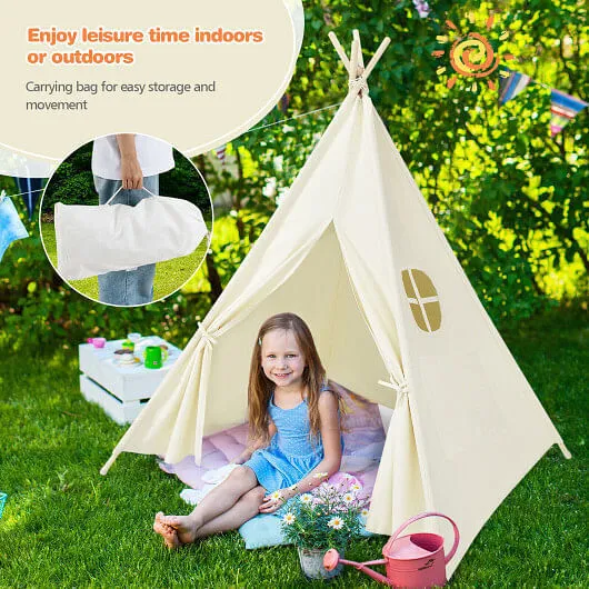 Foldable Kids Canvas Teepee Play Tent - Color: Beige