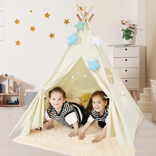 Foldable Kids Canvas Teepee Play Tent - Color: Beige