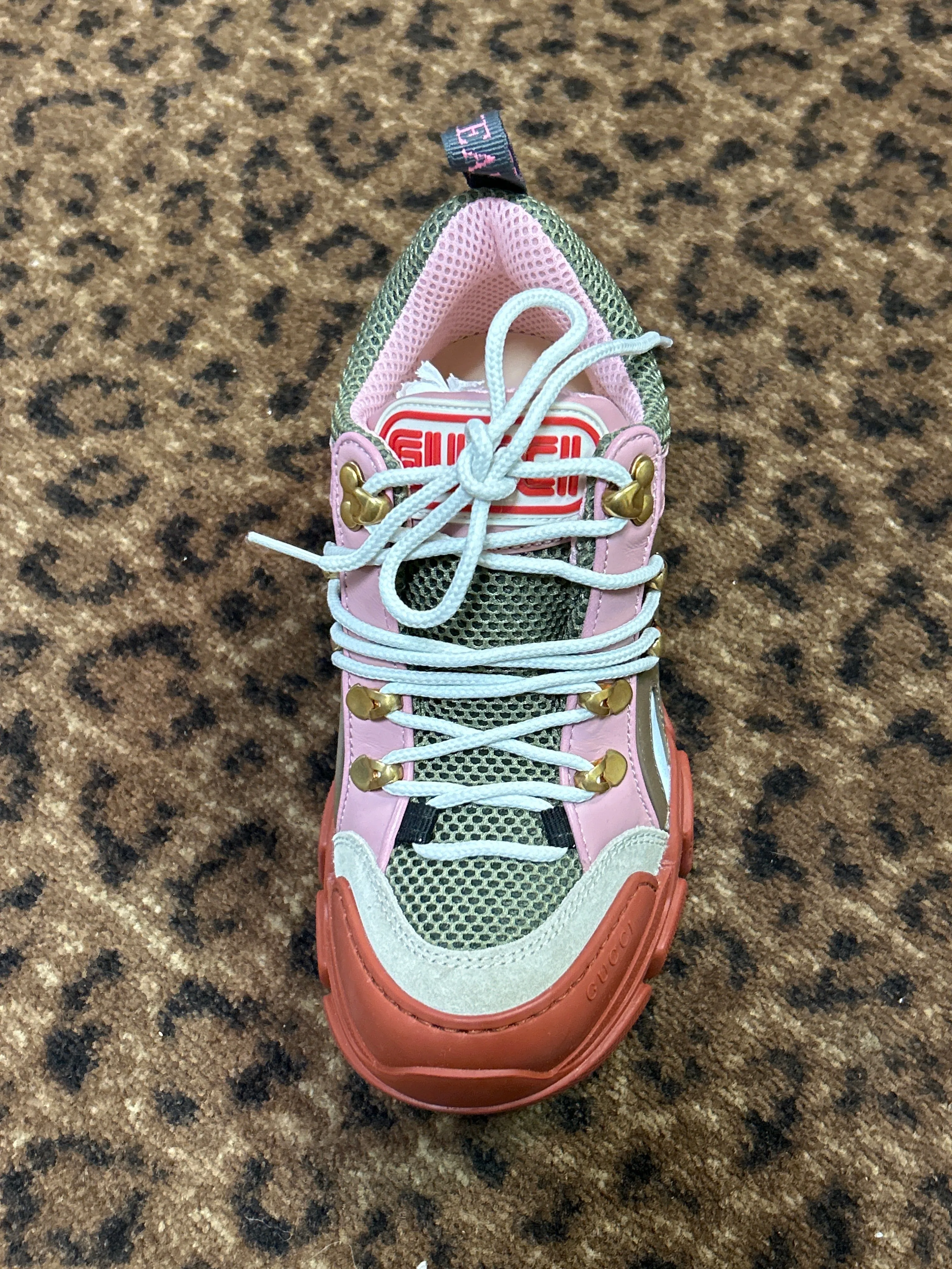 Gucci Shoes, Pink & Red Mesh Calfskin Suede Flashtrek Sneakers (size 35.5)