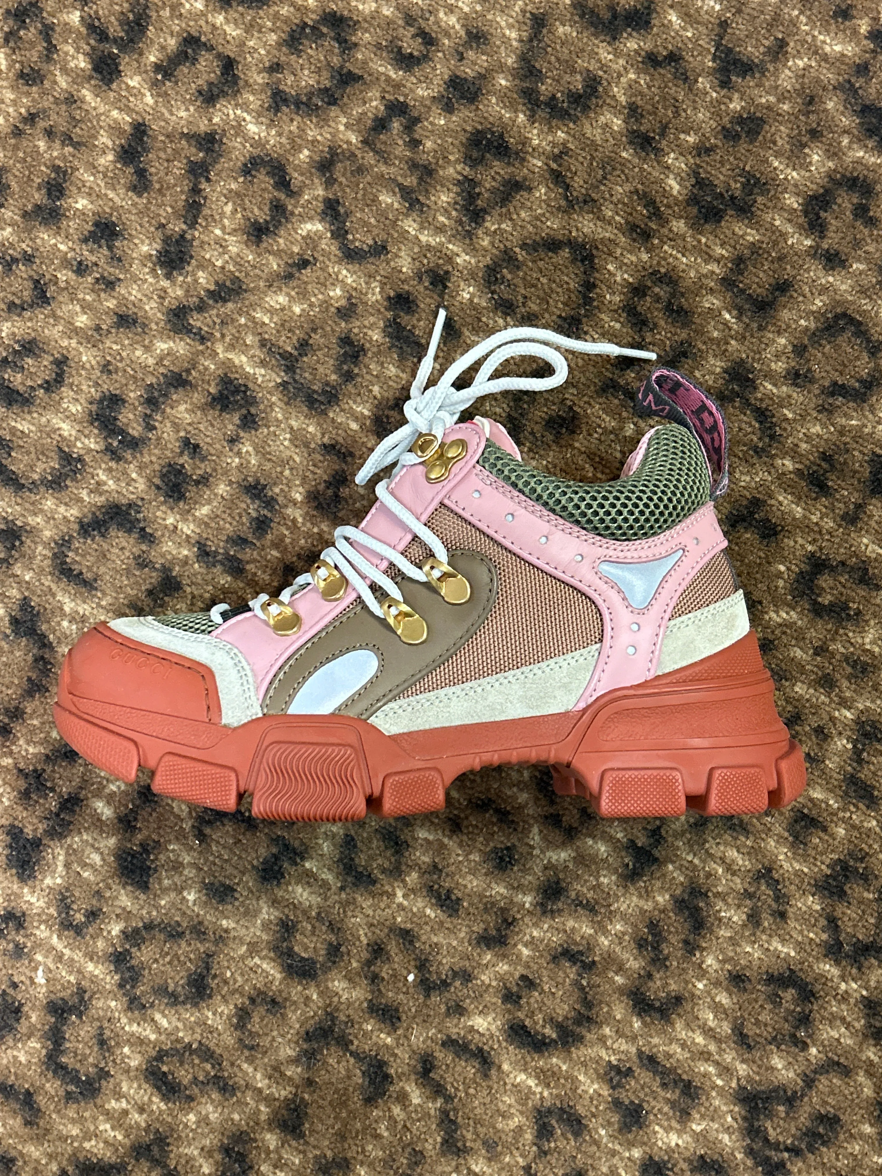Gucci Shoes, Pink & Red Mesh Calfskin Suede Flashtrek Sneakers (size 35.5)