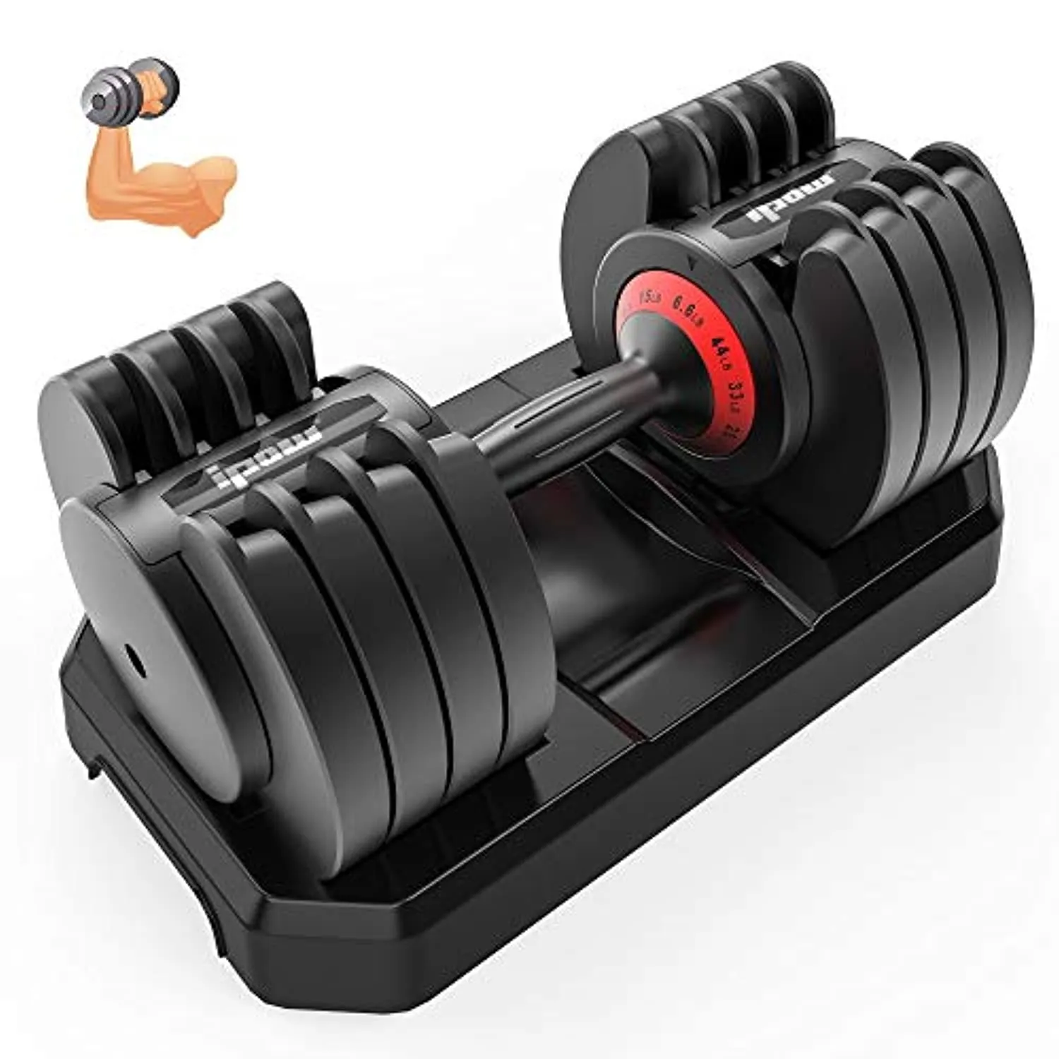 IPOW Adjustable Dumbbell 5-25/6.6-44 LB Single Black Dumbbell Set with Tray for Men Women|Anti-Slip Silicone Covered Metal Handle|Extra Safe Lock System|Home Gym