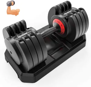 IPOW Adjustable Dumbbell 5-25/6.6-44 LB Single Black Dumbbell Set with Tray for Men Women|Anti-Slip Silicone Covered Metal Handle|Extra Safe Lock System|Home Gym