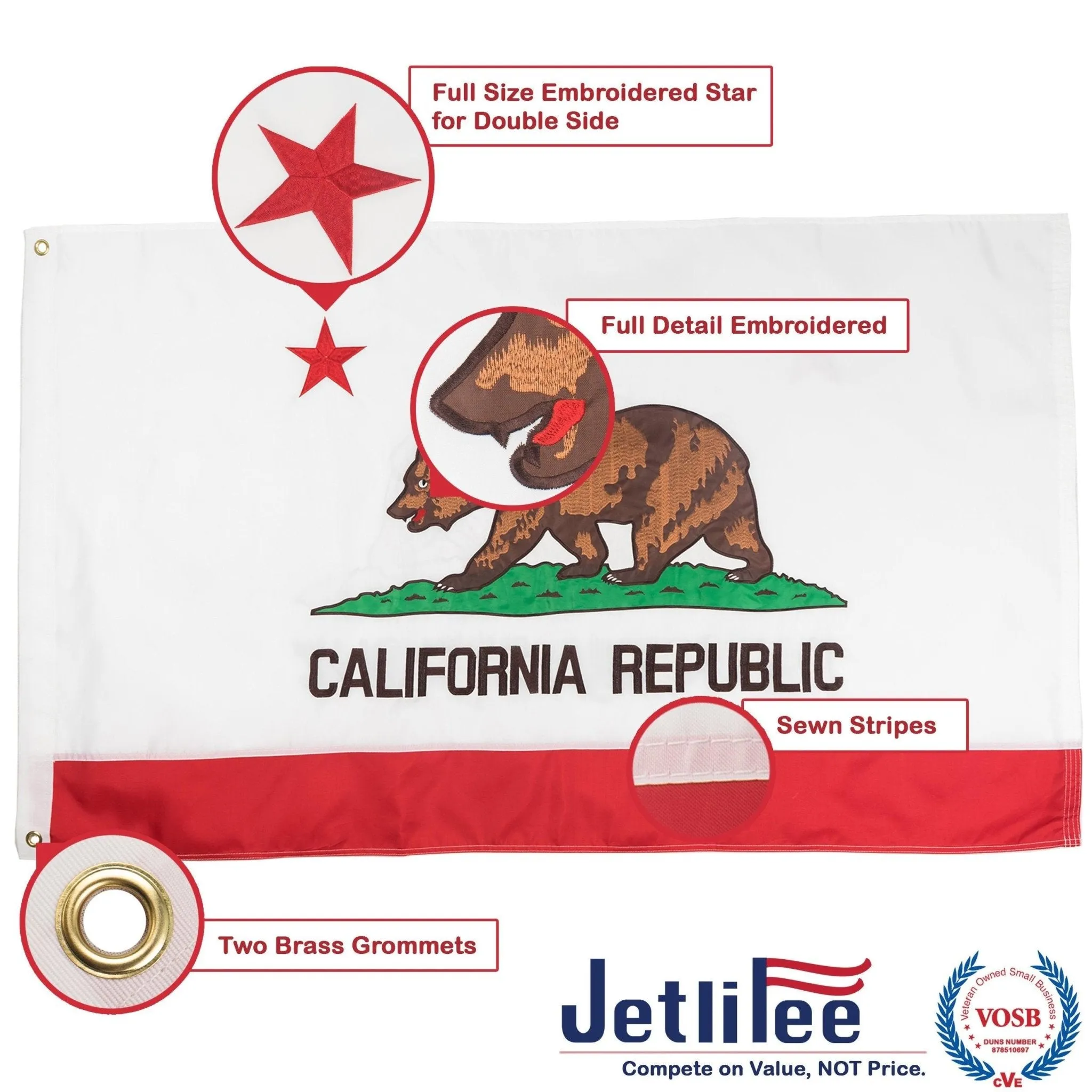 Jetlifee 3x5 Ft Embroidery California State Flag 2-Sided