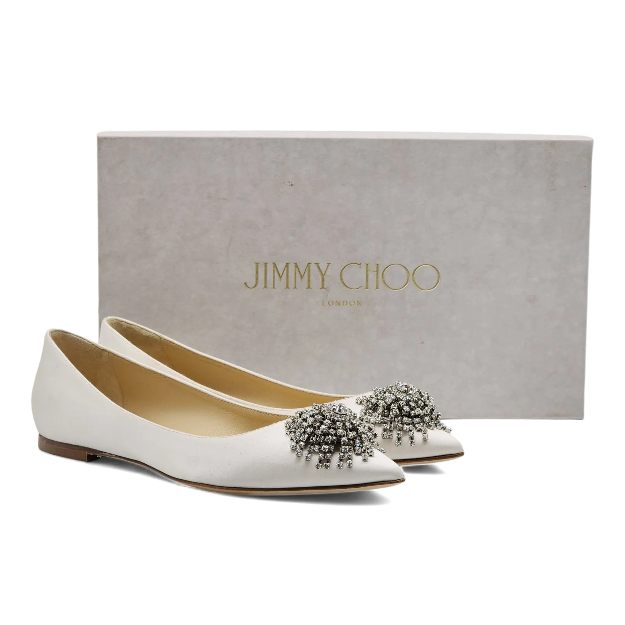 Jimmy Choo Love Embellished Satin Flat Ballerina Shoes in White (36.5)