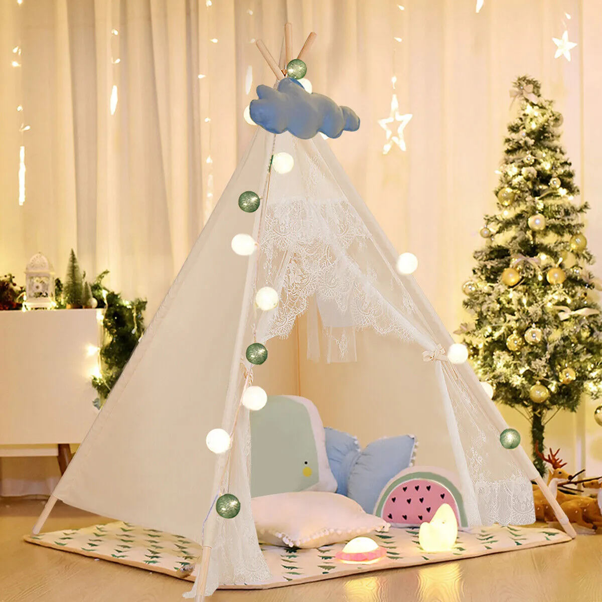 Kids Portable Teepee Tent | Folding Playhouse | Indoor & Outdoor W/ Bag | Cream