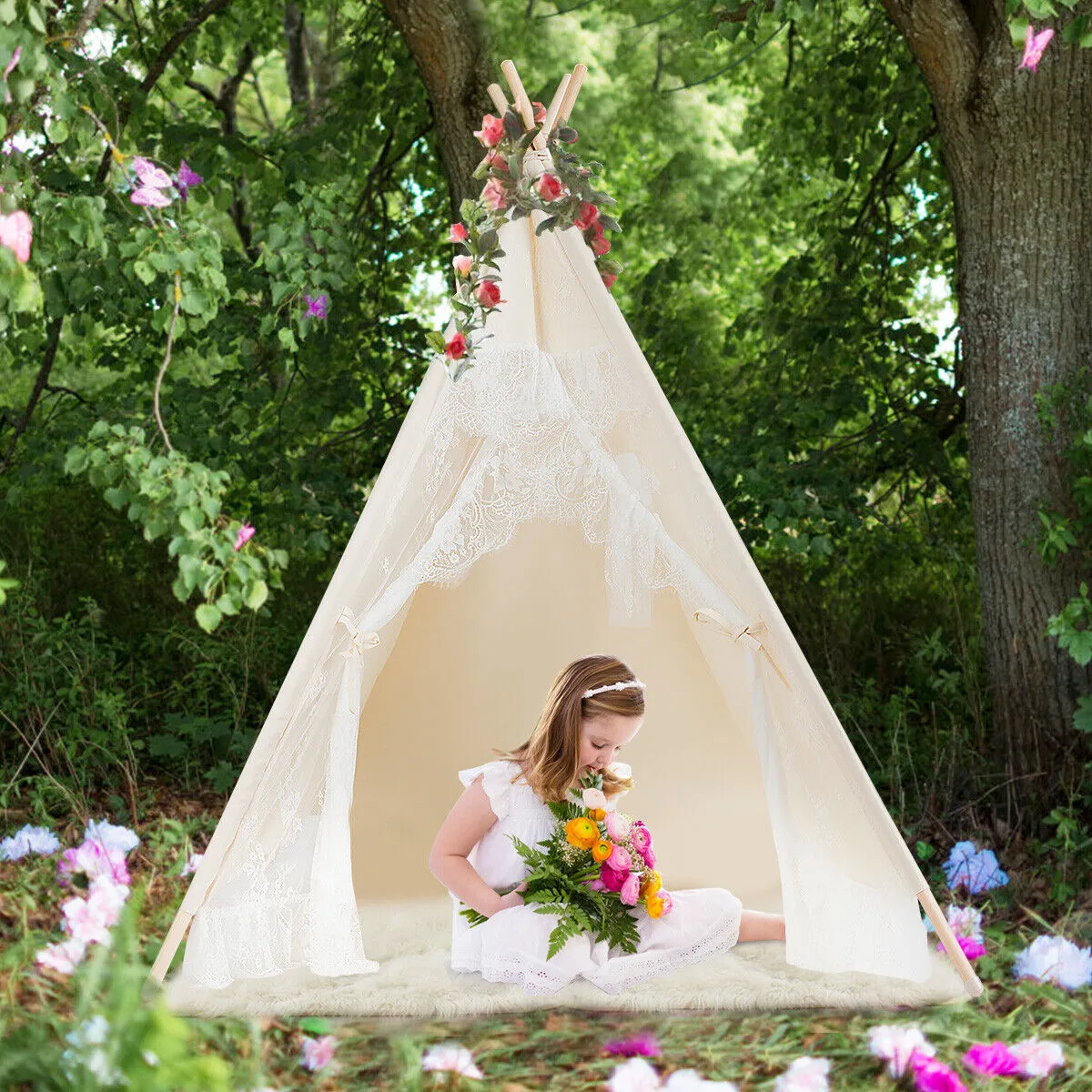 Kids Portable Teepee Tent | Folding Playhouse | Indoor & Outdoor W/ Bag | Cream