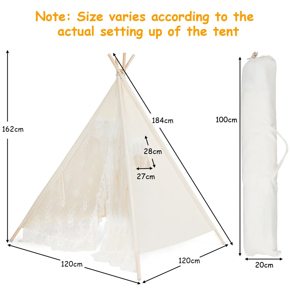 Kids Portable Teepee Tent | Folding Playhouse | Indoor & Outdoor W/ Bag | Cream