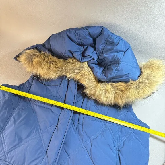 Lands' End Blue Quilted Goose Down Fill Vest with Faux Fur Hood