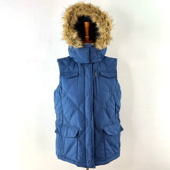 Lands' End Blue Quilted Goose Down Fill Vest with Faux Fur Hood