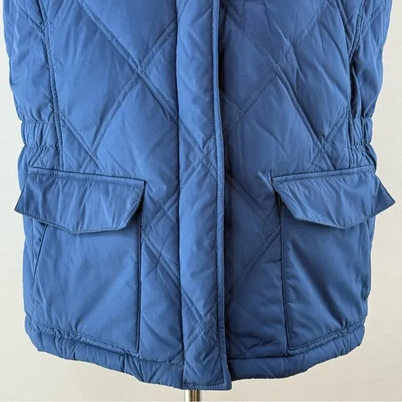 Lands' End Blue Quilted Goose Down Fill Vest with Faux Fur Hood