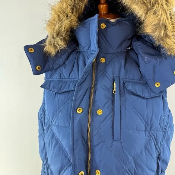 Lands' End Blue Quilted Goose Down Fill Vest with Faux Fur Hood
