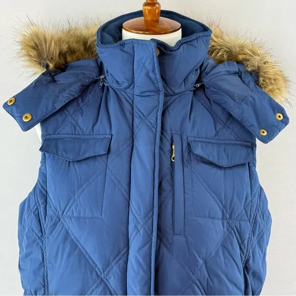 Lands' End Blue Quilted Goose Down Fill Vest with Faux Fur Hood