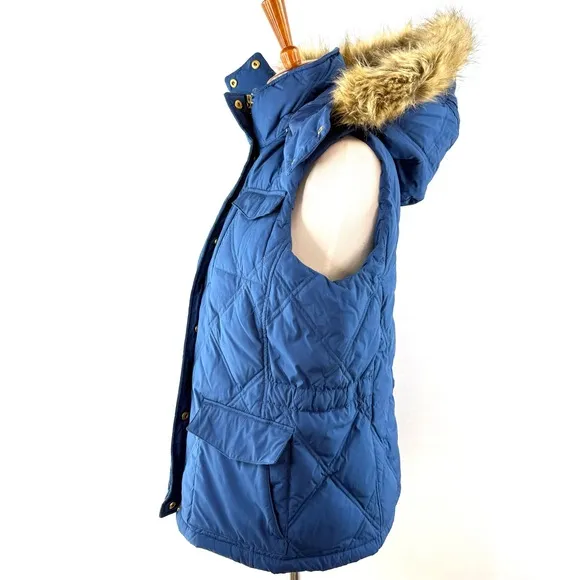 Lands' End Blue Quilted Goose Down Fill Vest with Faux Fur Hood