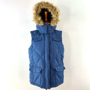 Lands' End Blue Quilted Goose Down Fill Vest with Faux Fur Hood